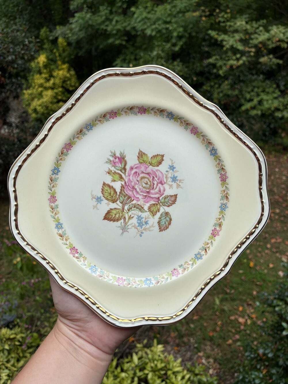 Georgian open Rose Scalloped Salad Plate Pink and Blue Flowers Gold Trim